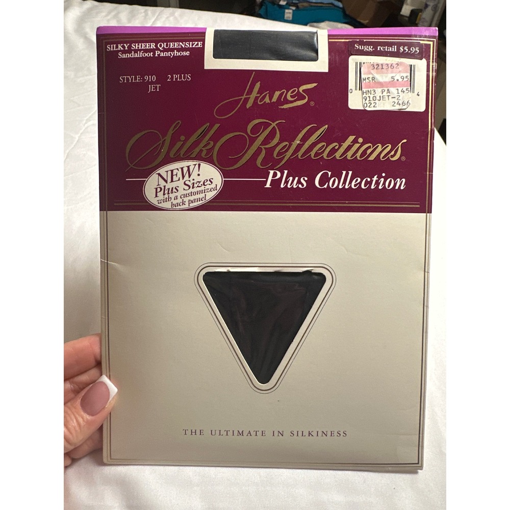 Hanes Silk Reflections Plus Size Pantyhose 910 Jet Black 2 Plus Sandalfoot VTG